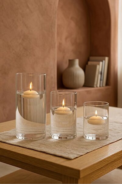 ZURİ DESİGN Cam Şamdan Mumluk Çizgili 3’lü Set – Dekoratif Mumluk 9x10 - 9x14...