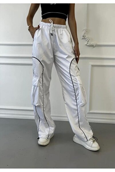 yesmoda Cargo Pocket Stripe Parachute White Pants