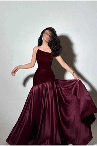 Linda L ~ Season's Trend Velvet Dress in Burgundy with Off-Shoulder Design an...