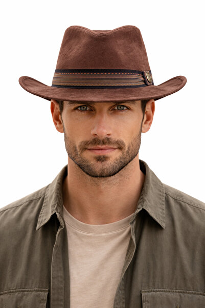 CosmoOutlet قبعة رعاة البقر من جلد النوبوك للرجال، قبعة فيدورا فاخرة ذات حافة...