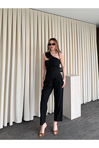 Laluvia Black One-Shoulder Design Collar Blouse and Pants Set - 8003