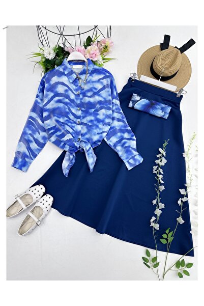 YEDİLALE Striped Satin Shirt and Flared Skirt Two-Piece Set [Excluding Shawl]