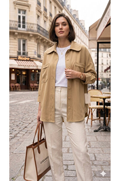 QUBERZ Women's Beige/Coffee Oversize Shacket Collection Lumberjack Style Jack...