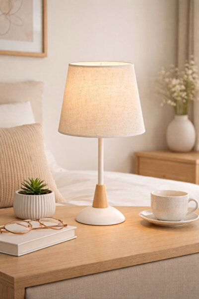 Crestj Modern Elegant Wooden Base Fabric Shade Warm Light Nightstand Lamp - 4...