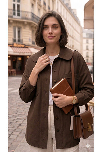 QUBERZ Дамска бежово-кафява овърсайз риза-яке в дърварски стил от колекцията