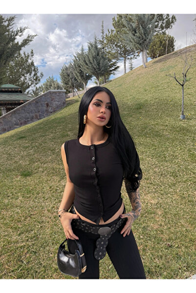 kırmızı butiks Μαύρη μπλούζα καμιζόλα με κουμπιά μπροστά