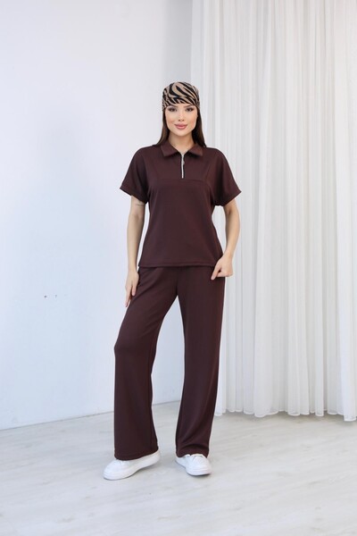 moda poni Women's Brown Polo Collar Zippered Double Set