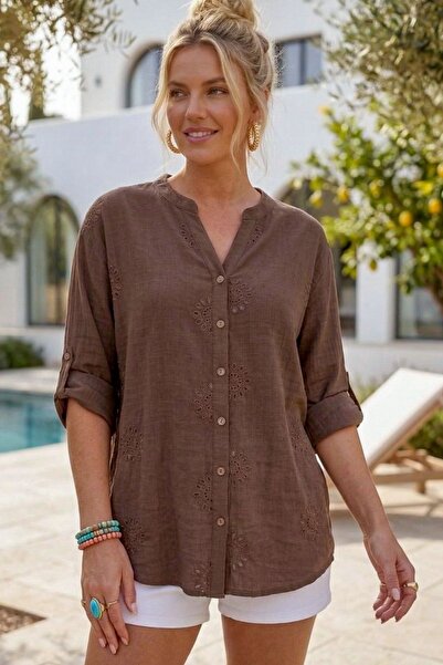Chiccy Cămașă casual din muselină țesută, maro, cu guler, cu nasturi, cu mâne...
