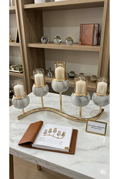 voliX Dizayn 5’li Şamdan Mumluk – Mermer Detaylı Altın Modern Dekoratif Mumlu...