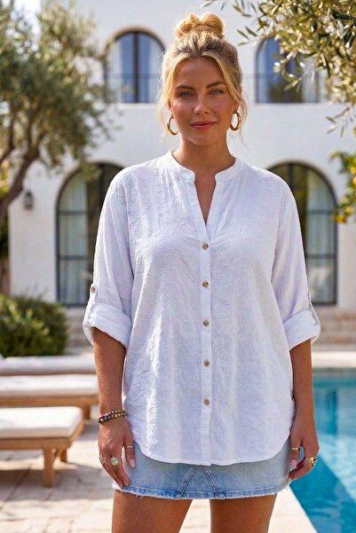 Chiccy Cămașă casual din muselină țesută, albă, cu guler în V, cu nasturi, cu...