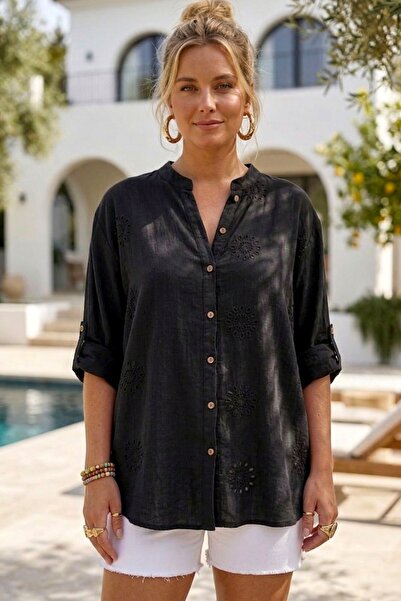 Chiccy Черна ежедневна риза от тъкан муселин с дворцова яка, дълъг ръкав и ко...