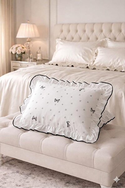 DB 2-Pack Pillowcases with Small Heart and Bow Pattern, Ruffled, 100% Cotton