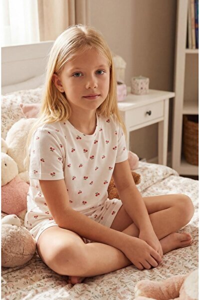 JustMORE Κοριτσίστικο Βαμβακερό Βασικό Σετ Πιτζάμες Εκρού με Κοντομάνικο Σορτς