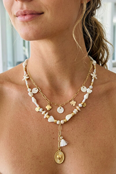 PETEK AKSESUAR Natural Stone Multi-Chain Metal Mussel Pendant