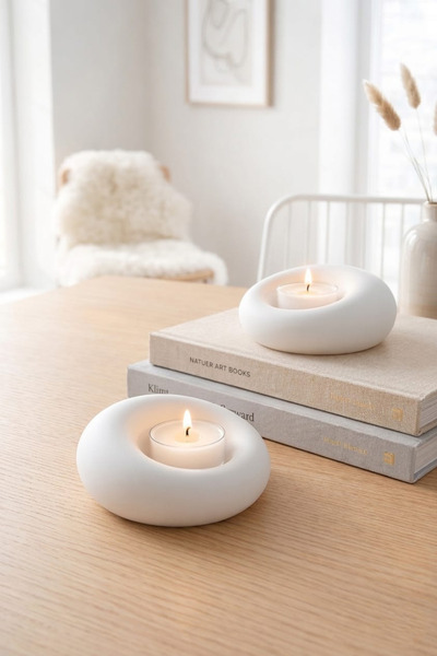 Lumi Home Minimalist Mat Beyaz 2’li Tealight Mumluk – Şık Halka Tasarım Set
