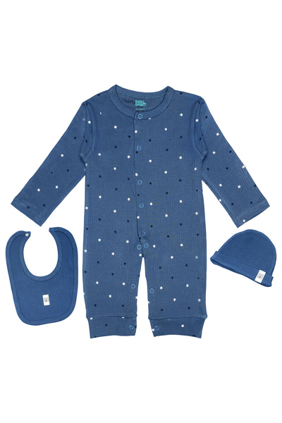 Babies Basic Ribbed Cotton Set with Sleepsuit/Romper, Cap and Bib