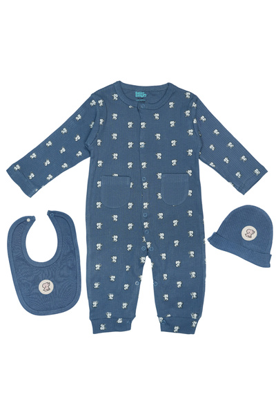 Babies Basic Ribbed Cotton Set with Sleepsuit/Romper, Cap and Bib