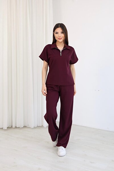 moda poni Γυναικείο Σετ Δύο Τεμαχίων με Γιακά Πόλο και Φερμουάρ σε Χρώμα Μούρ...