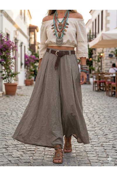 AYASOFYA OTANTIK بنطلون نسائي إيطالي واسع الساقين من قماش التنسل بنسبة 100%، ...