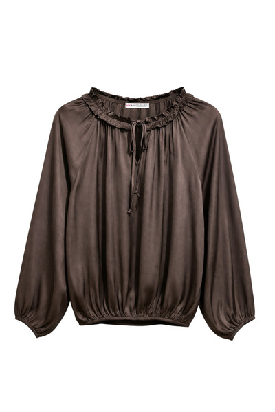 Mixray 4814 Women's Tie-Up Gathered Long Sleeve Satin Blouse Brown