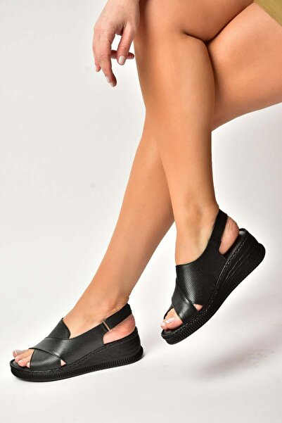 Fox Shoes Y555511403 Black Genuine Leather Wedge Sole Women's Sandals