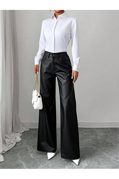 White Black Jeans Kadın Yüksek Bel Deri Pantolon Siyah