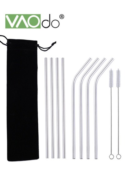 VAODO 10PCS Reusable Stainless Steel Metal Straws with with Storage Bag Long ...