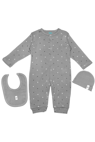 Babies Basic Ribbed Cotton Set with Sleepsuit/Romper, Cap and Bib