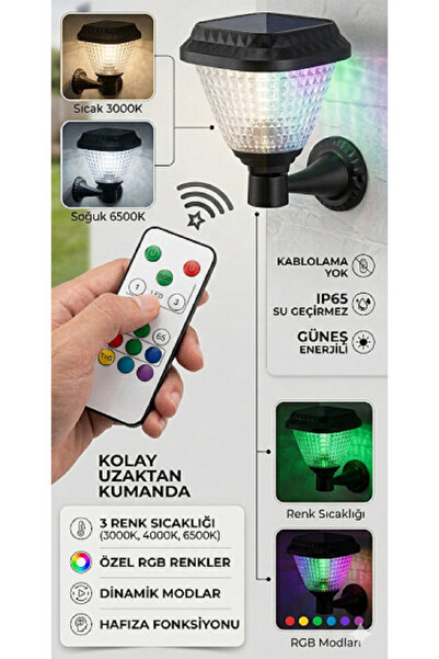 Senipa Kumandalı RGB Solar Duvar Lambası Dış Mekan 30 w Su Geçirmez