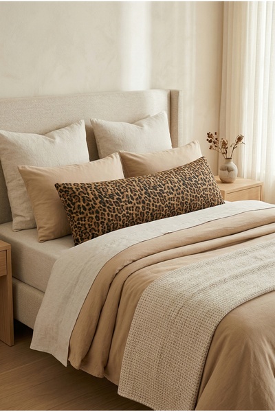NESCO Leopar Desenli Dolgulu Uzun Yastık 50x120 cm %100 Pamuk Dekoratif Yastık Hamile Yan Yatış Yastığı