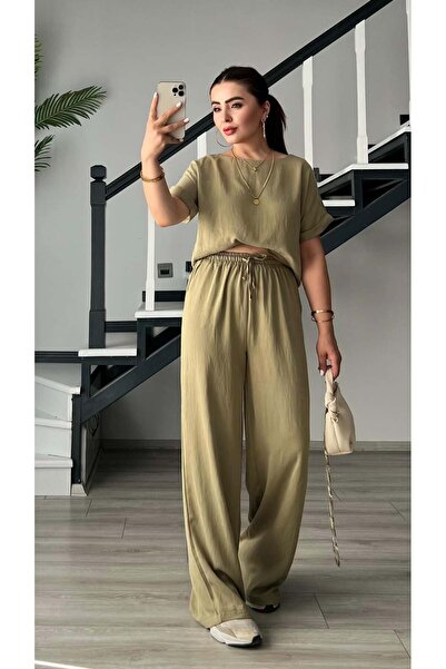 Oslove طقم بلوزة وبنطلون أوليف بريميوم تينسل