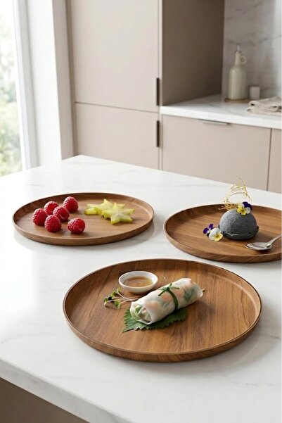 CASTEROLİ 3-Piece Acacia Look Serving Plate 28 cm – Durable Plastic Presentat...