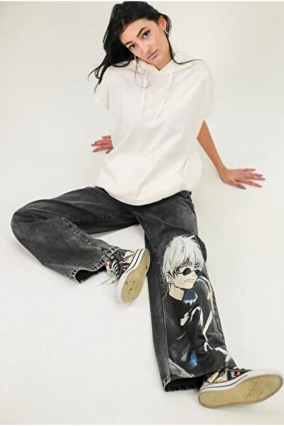 yesmoda Anime Printed Washable Baggy Jean Black Snow Wash