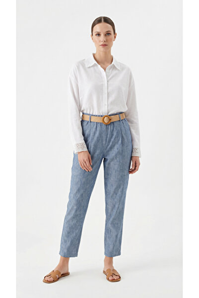 Şeker Portakalım Μπλε λινό παντελόνι καρότο με πλαϊνές τσέπες και ζώνη