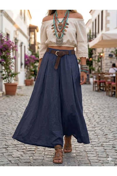 AYASOFYA OTANTIK Women's Italian Navy Blue Elastic Waist Belted Plain Pattern...