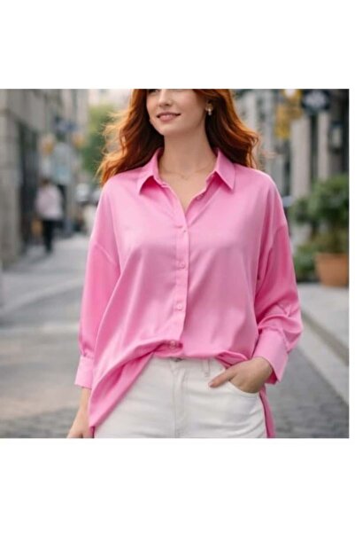 minaaise Pink Oversize Satin Women's Shirt 25142
