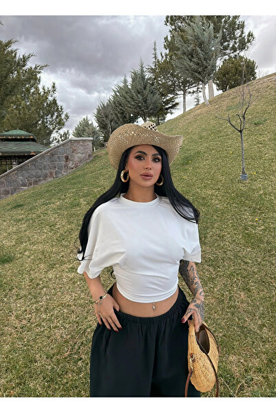 kırmızı butiks Λευκό Μίνιμαλ Ντραπέ Μπλουζάκι