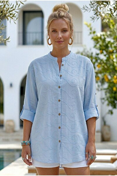 Chiccy Light Blue Judge Collar Buttoned Long Sleeve Buttoned Casual Muslin Wo...