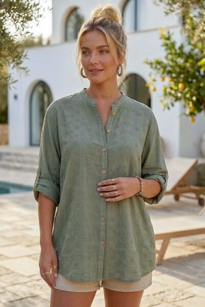 Chiccy Cămașă casual din muselină țesută, kaki, cu guler Hakim, cu nasturi, c...