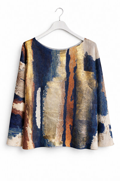 günay boutıque Varak Detailed Patterned Bat Sleeve Mercerized Blouse – Dark Blue