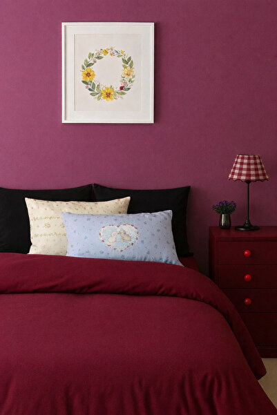 İQON Flat Sheet Duvet Cover Set 100% Cotton Single Size Burgundy-Black