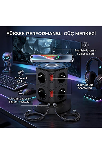 MATECHNO Akım Korumalı Priz Kablosuz Şarj İstasyonu 8xSoket 1xUSB 2xType-C 2 ...
