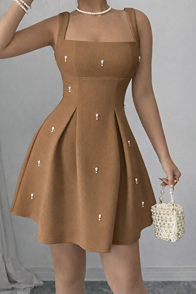 Deafox Milky Coffee Square Neck Strap Dress with Pearl Detail and Pleated Cre...