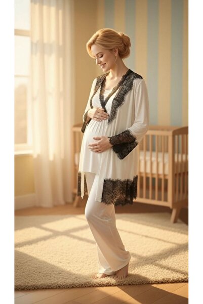 LOHOUSE Women's Ecru Black Lace Piece Special Design Maternity Pajama Set wit...
