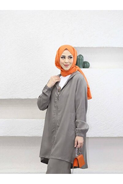 Suede Style 9026 - Comfortable Zippered Pocket Hooded Long Tunic