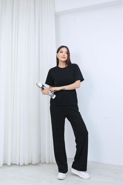 Mazelf Baby&Kids Wear Women's Crew Neck Stone Detailed Pocketed Shiny Double Set