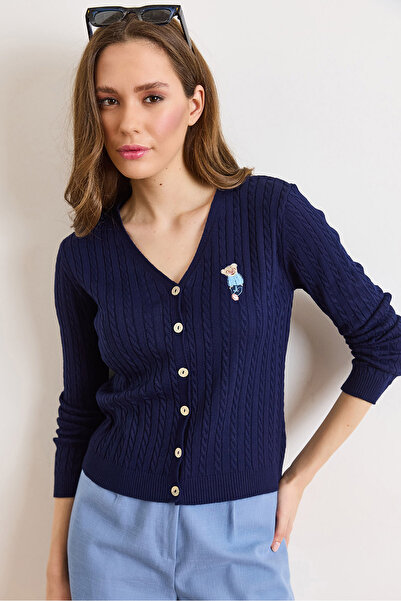 Olalook Women's Navy Blue V-Neck Buttoned Embroidery Detailed Hair Knitwear C...