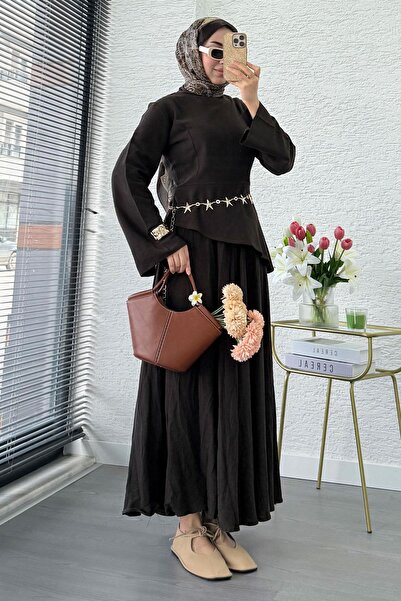 MELEK ARAZ Premium Asymmetrical Cut Linen Skirt Set - Bitter Brown