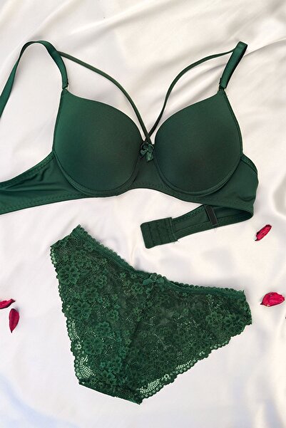 DNR İç Giyim Half Supported Drawstring Bra Set Emerald Green