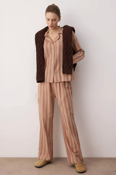 Laperissa Σετ πιτζάμες από βαμβάκι Dusty Rose-Ecru, χοντρό/χειμερινό, ριγέ, υ...